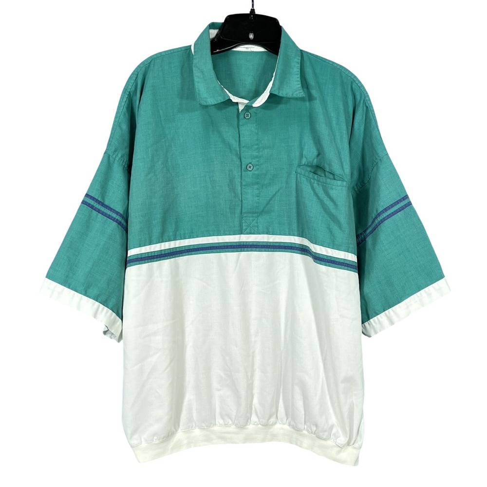 VTG WINDRIDGE MERVYNS Men's GREEN/WHITE Twill BANDED HEM 1-Pocket POLO SHIRT XL